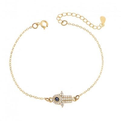 Silver 925, gold plated Hamsa bracelet with cubic zirconia stones