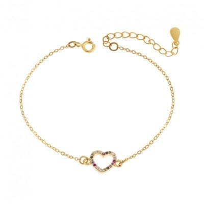 Silver bracelet 925, gold plated heart with cubic zirconia stones