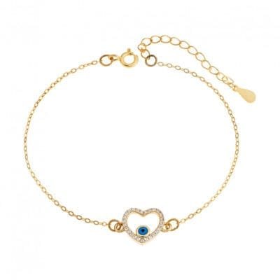 Silver 925 bracelet, gold plated heart-eye with cubic zirconia stones
