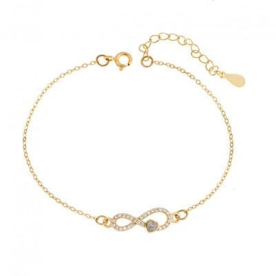 Silver 925 bracelet, gold plated infinity heart with cubic zirconia stones