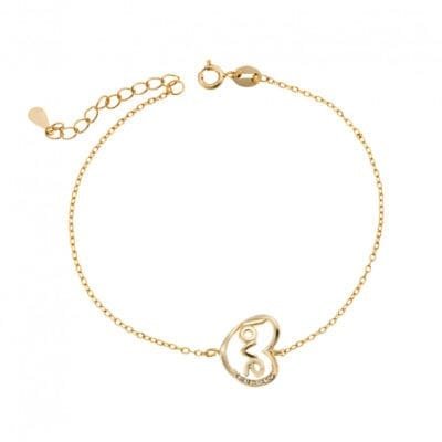 Gold plated sterling silver bracelet, heart and love with white cubic zirconia