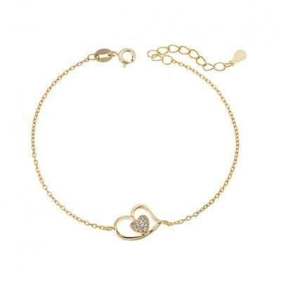 Gold plated silver bracelet 925, double heart with white cubic zirconia