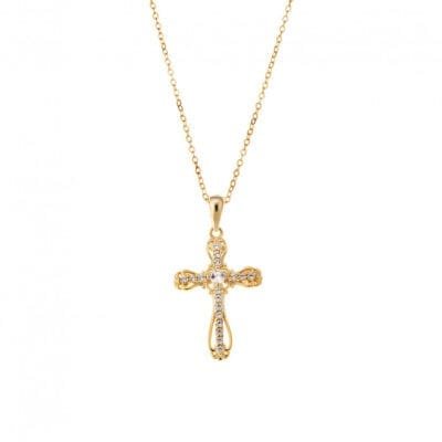 Necklace Silver 925° Pendant with Cross with white zircon with curves in gold color