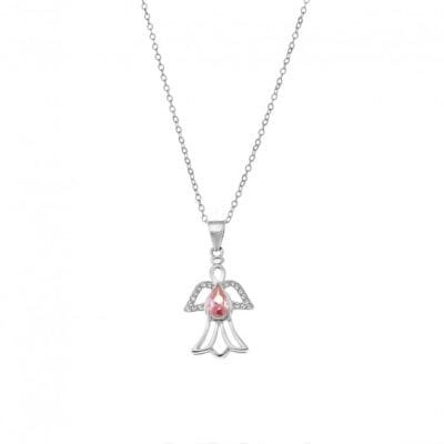 Sterling silver pendant, angel with pink and white cubic zirconia