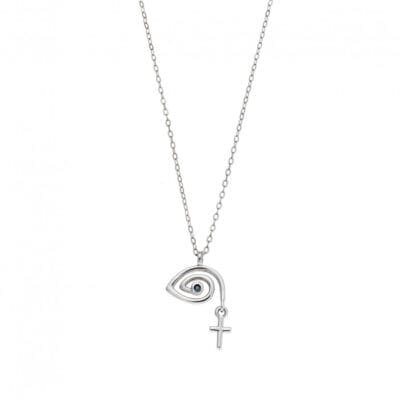 Κολιέ Ασήμι 925° Μενταγιόν με  Ματάκι με κρεμαστό σταυρό