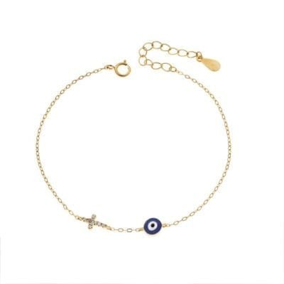Silver 925 Gold Plated bracelet, Mataki with blue enamel and cross