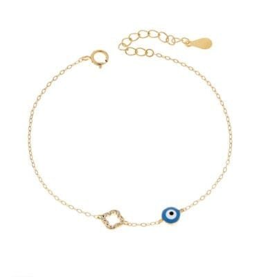 Gold Plated Silver 925 bracelet, Blue mataki with enamel and zircon cross