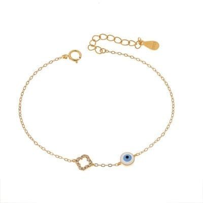 Βραχιόλι Ασήμι 925° με Ματάκι λευκό και γαλάζιο με σμάλτο και σταυρό με ζιργκόν με λουλούδι