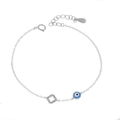 Βραχιόλι Ασήμι 925° με Ματάκι γαλάζιο με σμάλτο και σταυρό με ζιργκόν με λουλούδι