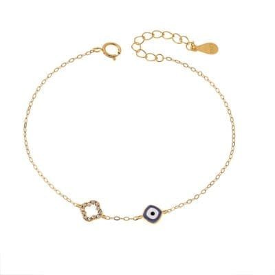 Gold Plated Silver 925 bracelet, Mataki blue with enamel and zircon cross