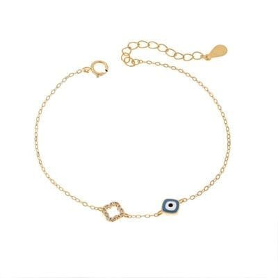 Gold Plated Silver 925 bracelet, Blue mataki with enamel and zircon cross