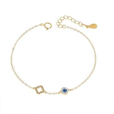 Βραχιόλι Ασήμι 925° με Ματάκι λευκό και γαλάζιο με σμάλτο και σταυρό με ζιργκόν με λουλούδι