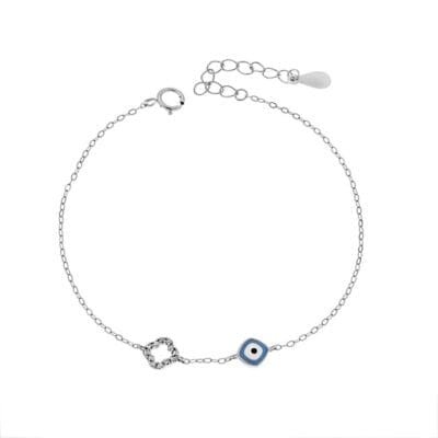 Βραχιόλι Ασήμι 925° με Ματάκι γαλάζιο με σμάλτο και σταυρό με ζιργκόν με λουλούδι