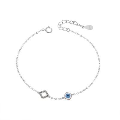 Βραχιόλι Ασήμι 925° με Ματάκι λευκό και γαλάζιο με σμάλτο και σταυρό με ζιργκόν με λουλούδι