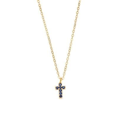 Gold plated sterling silver necklace, double sided cross necklace with blue and white cubic zirconia
