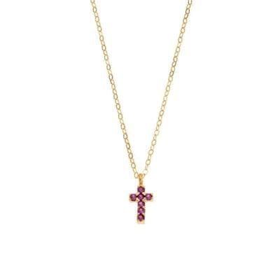 Gold plated sterling silver necklace, double sided cross necklace with fuchsia and white cubic zirconia