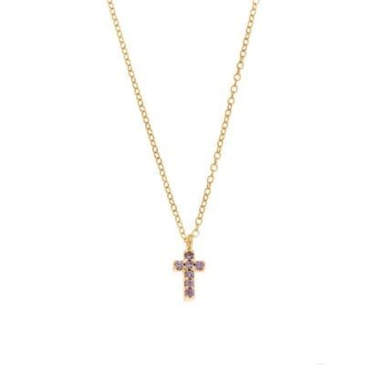 Gold plated sterling silver necklace, double sided cross necklace with purple and white cubic zirconia
