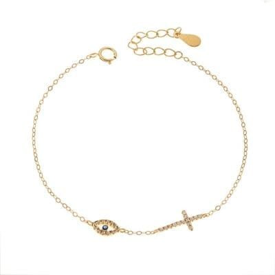 Βραχιόλι Ασήμι 925° με Ματάκι γαλάζιο και σταυρός με ζιργκόν