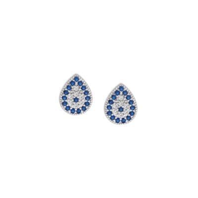 Sterling silver earrings, eye in tear shape with white and blue cubic zirconia