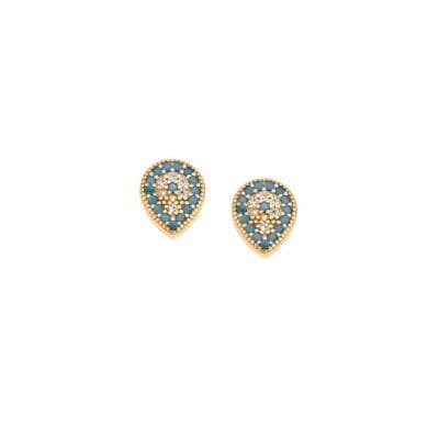 Gold plated sterling silver earrings, eye in tear shape with white and turquoise cubic zirconia