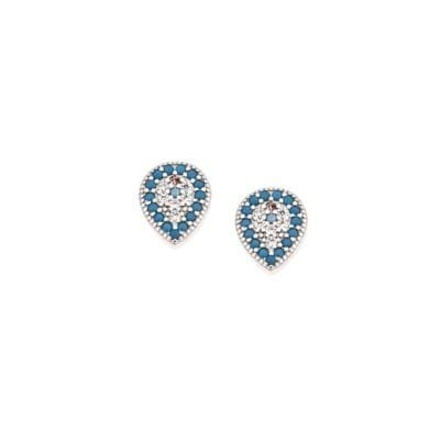 Sterling silver earrings, tear-shaped eye with white and turquoise cubic zirconia
