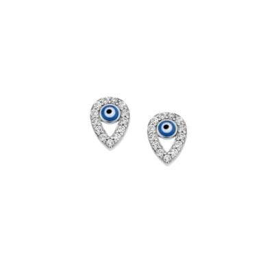 Sterling silver earrings, eye in tear shape with white and light blue cubic zirconia