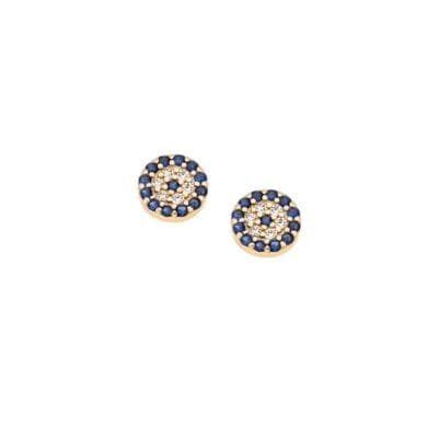 Gold plated silver earrings 925, round eye with white and blue cubic zirconia