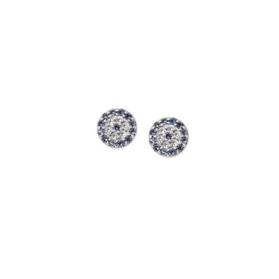 Earrings silver 925, round eye with white and blue cubic zirconia
