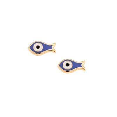 Gold plated silver earrings 925, blue fish with eye and enamel