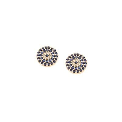 Gold plated sterling silver earrings, target eye with white and blue cubic zirconia