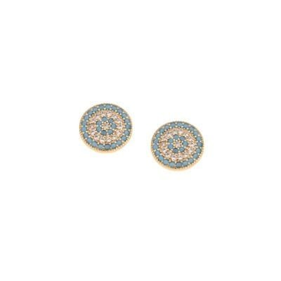 Gold plated sterling silver earrings, target eye with white and blue cubic zirconia