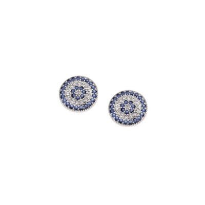 Sterling silver earrings, target eye with white and blue cubic zirconia