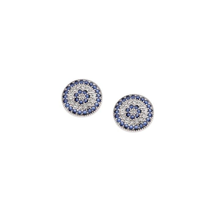 Sterling silver earrings, target eye with white and blue cubic zirconia