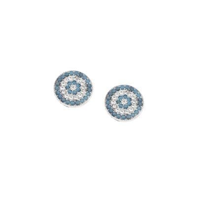 Sterling silver earrings, target eye with white and blue cubic zirconia
