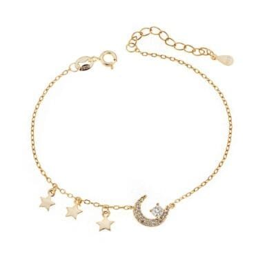 Gold plated silver bracelet 925, moon with stars and white cubic zirconia