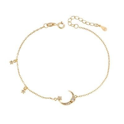 Gold plated silver bracelet 925, moon with stars and white cubic zirconia