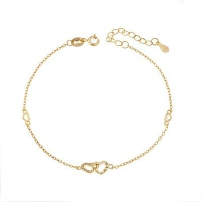 Gold plated silver bracelet 925, double heart with white cubic zirconia