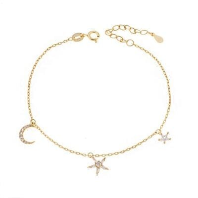 Gold plated silver bracelet 925, moon with stars and white cubic zirconia