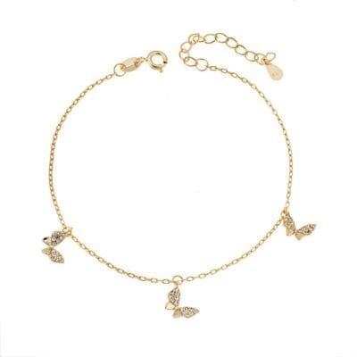 Gold plated silver bracelet 925, butterflies with white cubic zirconia