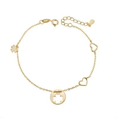 Gold plated silver bracelet 925, double heart and clover