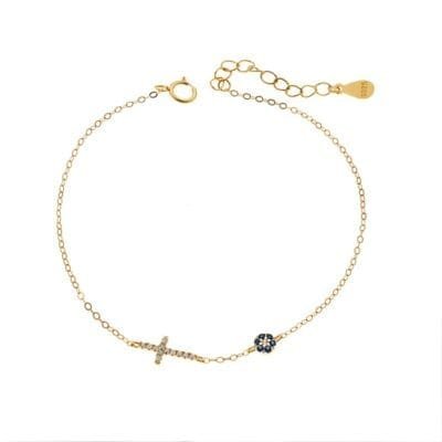 Βραχιόλι Ασήμι 925° με μπλε ματάκι και σταυρός με λευκά ζιργκόν