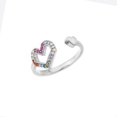 Silver ring 925° with a heart and multicoloured zircons