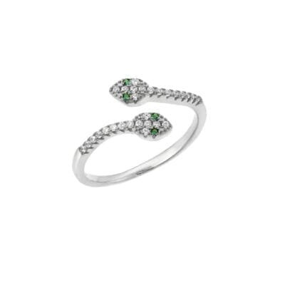Δαχτυλίδι  Ασήμι 925° φιδάκι με λευκά και πράσινα ζιργκόν