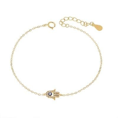 Silver bracelet 925, gold plated blue eye and hand of luck with cubic zirconia