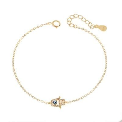 Silver bracelet 925, gold plated peephole light blue and hand of luck with cubic zirconia