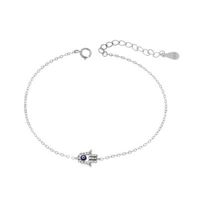 Βραχιόλι Ασήμι 925° με ματάκι μπλε και χέρι της τύχης με ζιργκόν