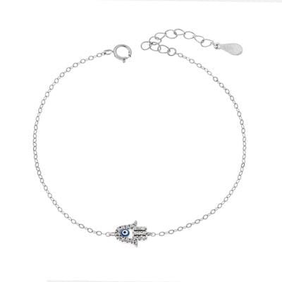Βραχιόλι Ασήμι 925° με ματάκι γαλάζιο και χέρι της τύχης με ζιργκόν