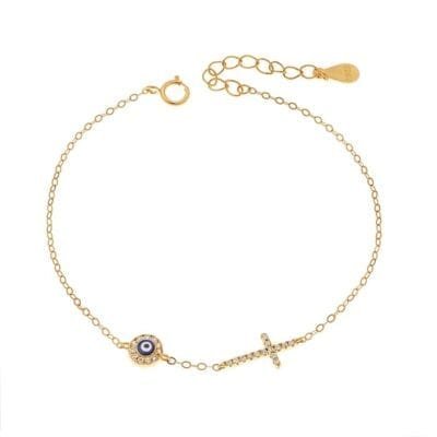 Silver bracelet 925, gold plated blue eye with enamel and cross with cubic zirconia