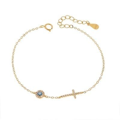 Silver bracelet 925, gold plated eye light blue with enamel and cross with cubic zirconia