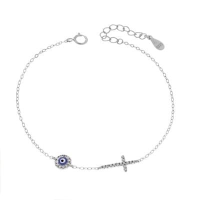 Βραχιόλι Ασήμι 925° με ματάκι μπλε με σμάλτο και σταυρός με ζιργκόν